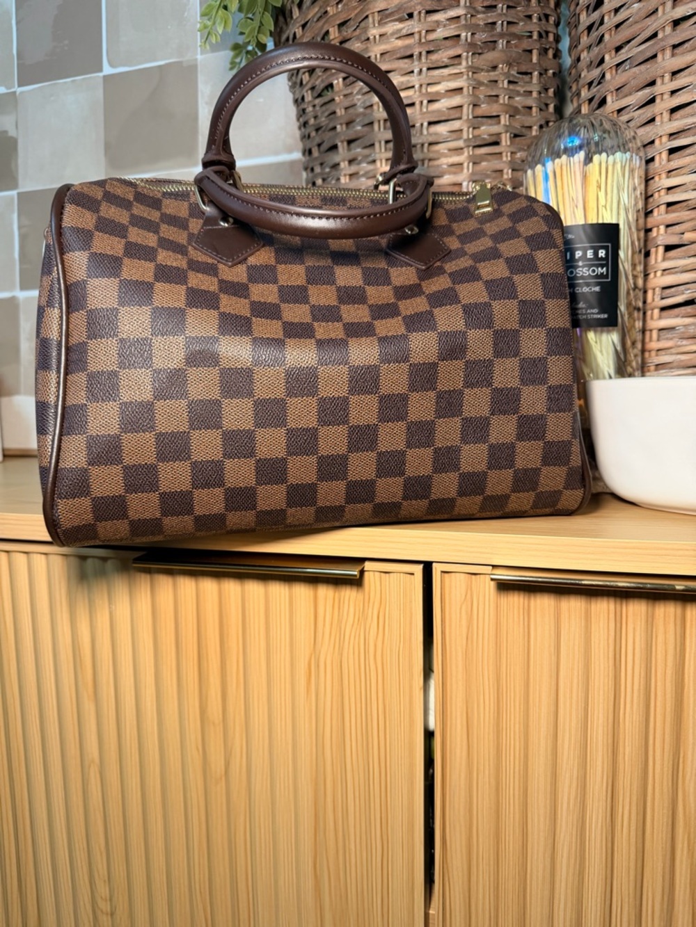 Brown Checkered Satchel Handbag